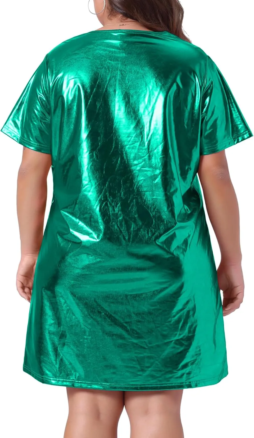 Agnes Orinda Plus Size Dress for Women Metallic Round Neck Short Sleeve Party Clubwear Loose Mini T-Shirt Dress