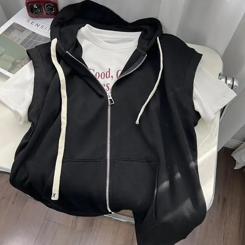 Aidase 2024 Summer Men's Leisure Sports Hooded Vest Large Size Korean Version Loose Sleeveless Zipper Cardiga Waistcoat All-match Coats