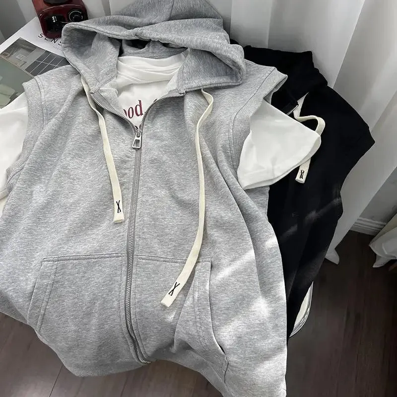 Aidase 2024 Summer Men's Leisure Sports Hooded Vest Large Size Korean Version Loose Sleeveless Zipper Cardiga Waistcoat All-match Coats