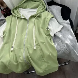 Aidase 2024 Summer Men's Leisure Sports Hooded Vest Large Size Korean Version Loose Sleeveless Zipper Cardiga Waistcoat All-match Coats