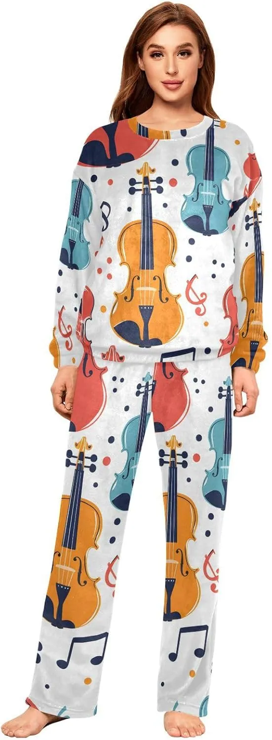ALAZA Colorful Seamless Violins and Notes Women's Pajama Set Long Sleeve Top Drawstring Pockets Pants Warm Cozy Loungewear,S