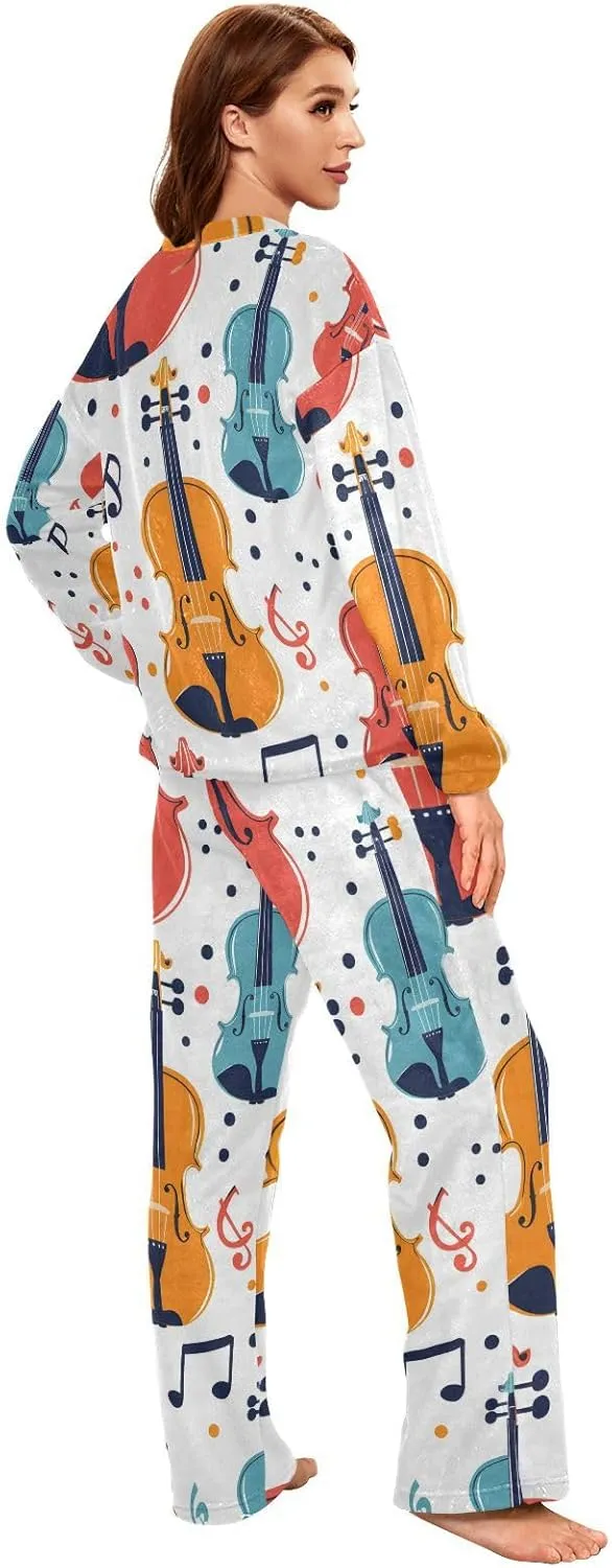 ALAZA Colorful Seamless Violins and Notes Women's Pajama Set Long Sleeve Top Drawstring Pockets Pants Warm Cozy Loungewear,S