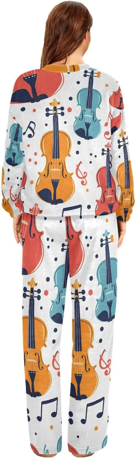ALAZA Colorful Seamless Violins and Notes Women's Pajama Set Long Sleeve Top Drawstring Pockets Pants Warm Cozy Loungewear,S