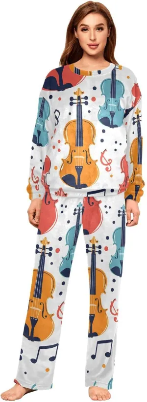 ALAZA Colorful Seamless Violins and Notes Women's Pajama Set Long Sleeve Top Drawstring Pockets Pants Warm Cozy Loungewear,S
