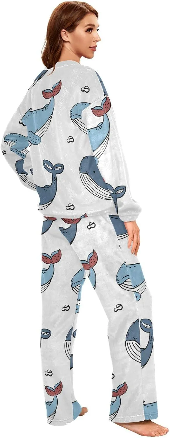 ALAZA Cute Whale Pattern Women's Pajama Set Long Sleeve Top Drawstring Pockets Pants Warm Cozy Loungewear,S