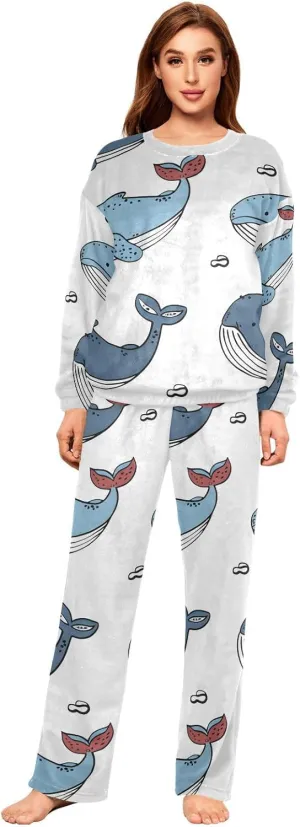 ALAZA Cute Whale Pattern Women's Pajama Set Long Sleeve Top Drawstring Pockets Pants Warm Cozy Loungewear,S