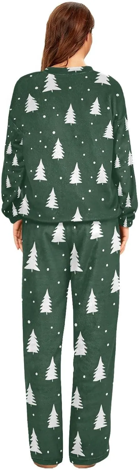 ALAZA White Tree Pattern Women's Pajama Set Long Sleeve Top Drawstring Pockets Pants Warm Cozy Loungewear,S