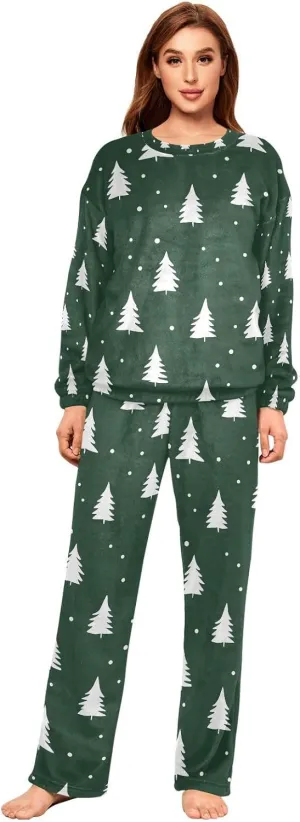 ALAZA White Tree Pattern Women's Pajama Set Long Sleeve Top Drawstring Pockets Pants Warm Cozy Loungewear,S