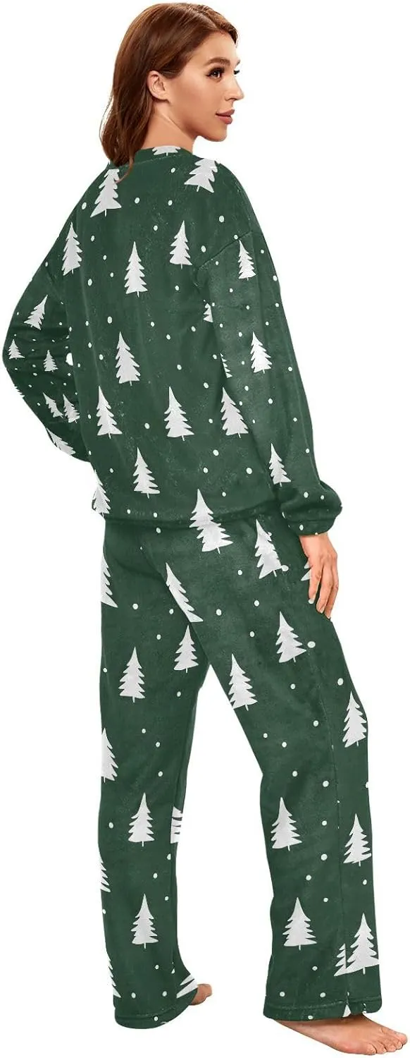 ALAZA White Tree Pattern Women's Pajama Set Long Sleeve Top Drawstring Pockets Pants Warm Cozy Loungewear,S