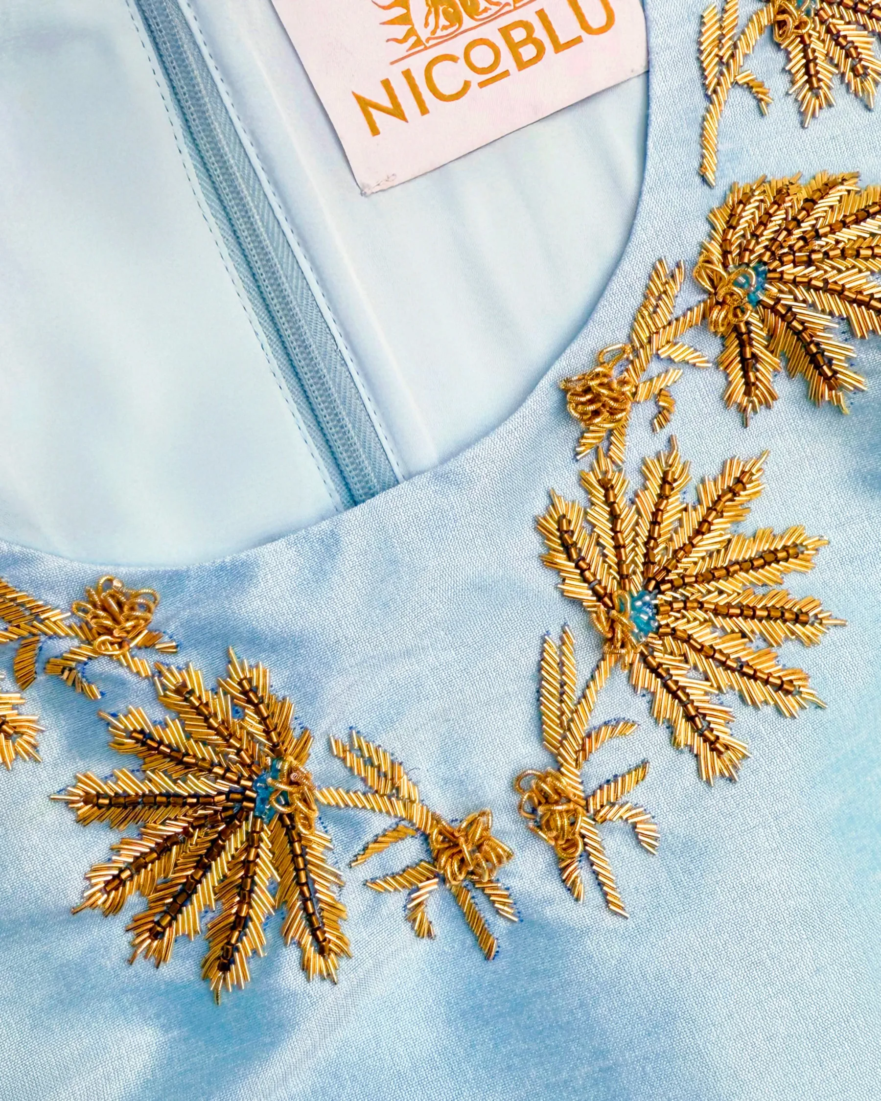 Alice Long Sheath Dress in Pastel Blue and Gold Embellishment