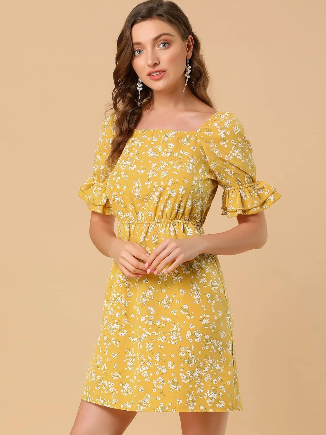Allegra K Women's 2023 Causal Square Neck Elastic Waist Pocket Puff Sleeve Floral Short Dress