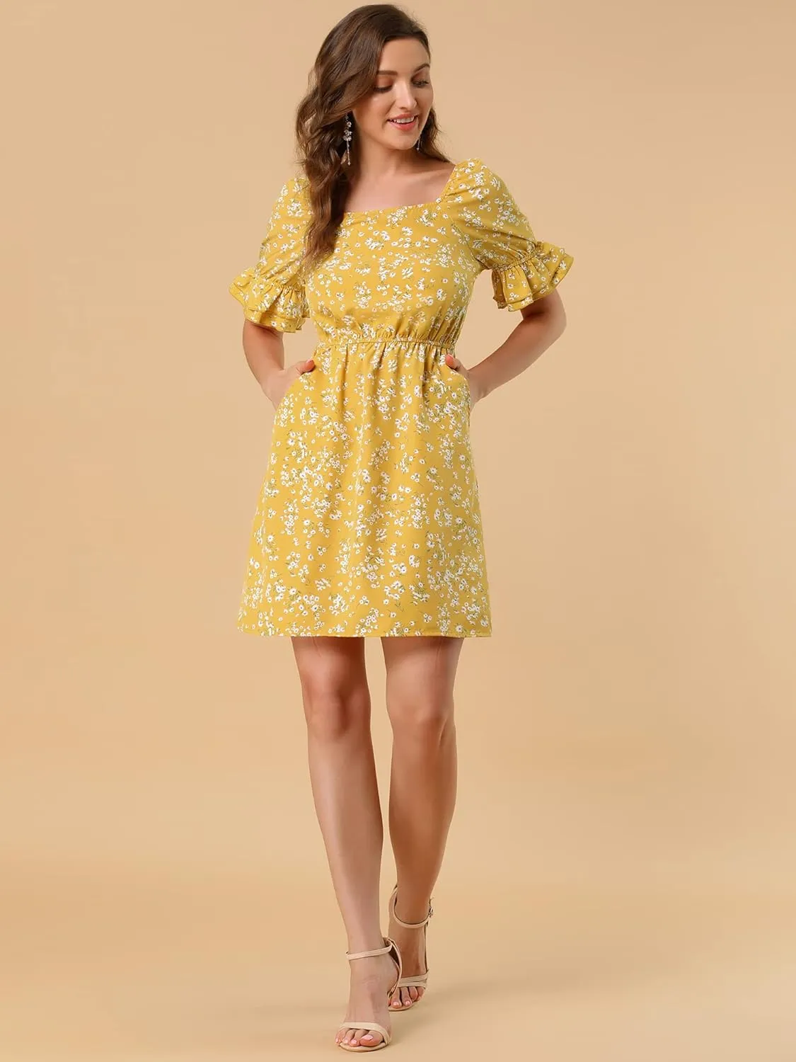 Allegra K Women's 2023 Causal Square Neck Elastic Waist Pocket Puff Sleeve Floral Short Dress