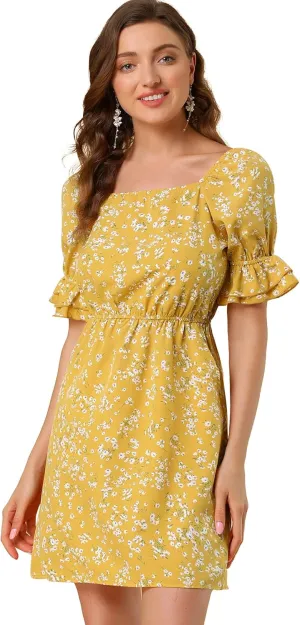 Allegra K Women's 2023 Causal Square Neck Elastic Waist Pocket Puff Sleeve Floral Short Dress