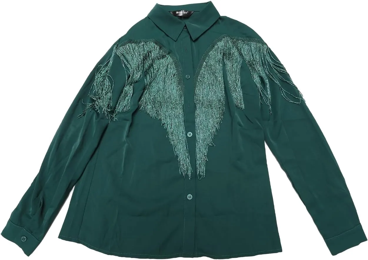 Allegra K Women's Western Fringe Blouse Long Sleeve Button Down Disco Cowgirl Shirts