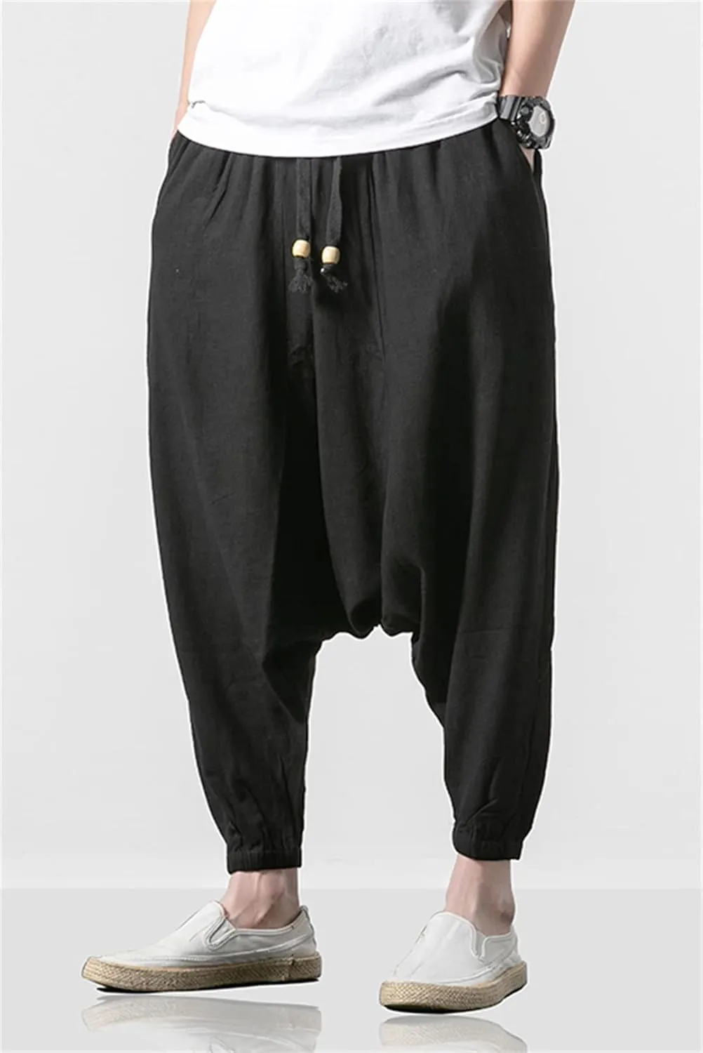 Alloaone Men Drop Crotch Wide Legs Pants Chinese Style Linen Harem Pants Hip Hop Streetwear Chic Loose