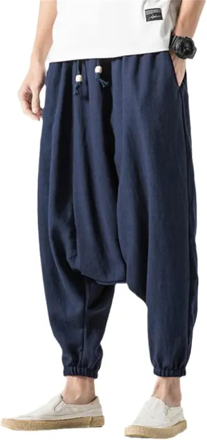 Alloaone Men Drop Crotch Wide Legs Pants Chinese Style Linen Harem Pants Hip Hop Streetwear Chic Loose