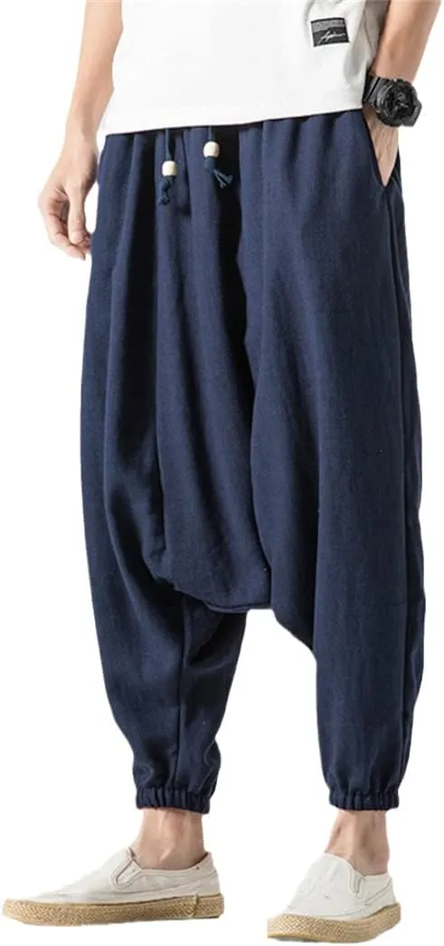 Alloaone Men Drop Crotch Wide Legs Pants Chinese Style Linen Harem Pants Hip Hop Streetwear Chic Loose