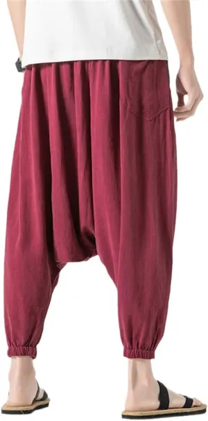 Alloaone Men Drop Crotch Wide Legs Pants Chinese Style Linen Harem Pants Hip Hop Streetwear Chic Loose