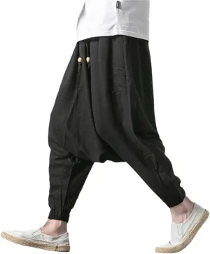 Alloaone Men Drop Crotch Wide Legs Pants Chinese Style Linen Harem Pants Hip Hop Streetwear Chic Loose