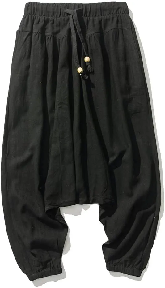 Alloaone Men Drop Crotch Wide Legs Pants Chinese Style Linen Harem Pants Hip Hop Streetwear Chic Loose