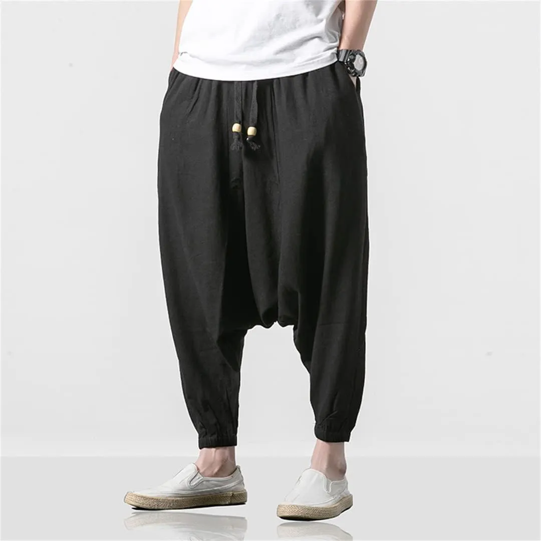 Alloaone Men Drop Crotch Wide Legs Pants Chinese Style Linen Harem Pants Hip Hop Streetwear Chic Loose