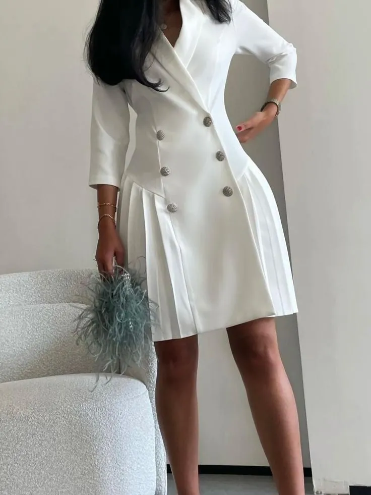 Amozae-nye outfits back to school dress  Double Breasted Pleated Hem Blazer Dress