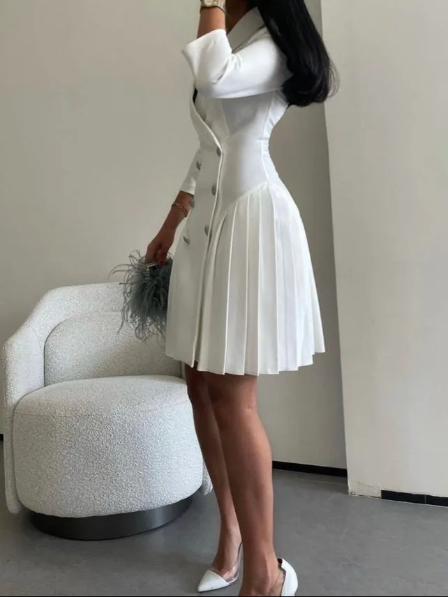 Amozae-nye outfits back to school dress  Double Breasted Pleated Hem Blazer Dress