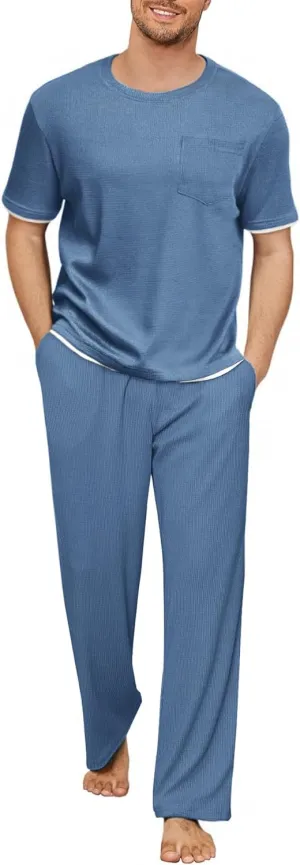 Andeip Mens Pajamas Set Waffle Crew Neck Loungewear Cozy Sleepwear Short Sleeve Top and Long Pants Pj Set with Pockets