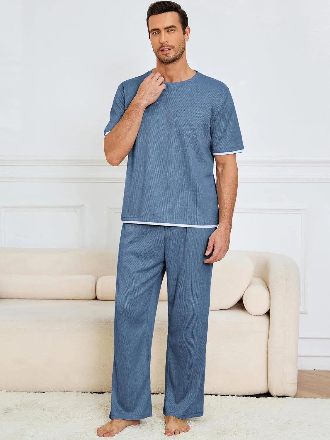 Andeip Mens Pajamas Set Waffle Crew Neck Loungewear Cozy Sleepwear Short Sleeve Top and Long Pants Pj Set with Pockets