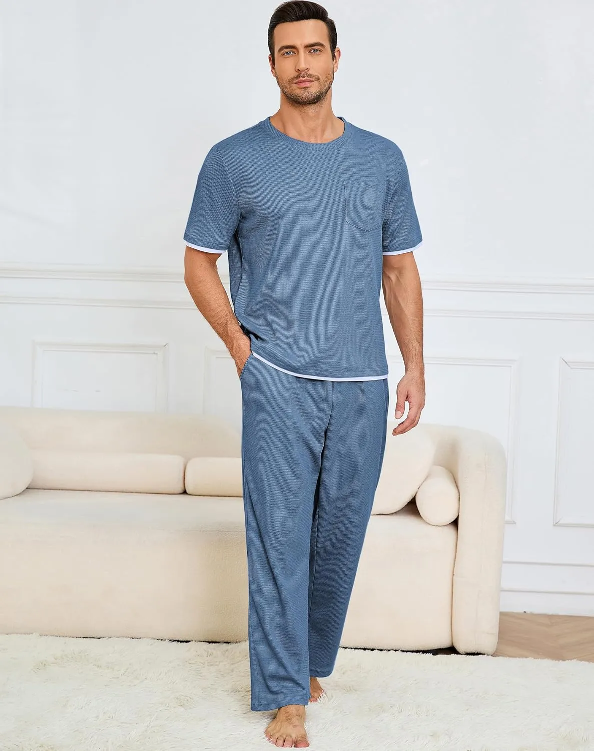 Andeip Mens Pajamas Set Waffle Crew Neck Loungewear Cozy Sleepwear Short Sleeve Top and Long Pants Pj Set with Pockets