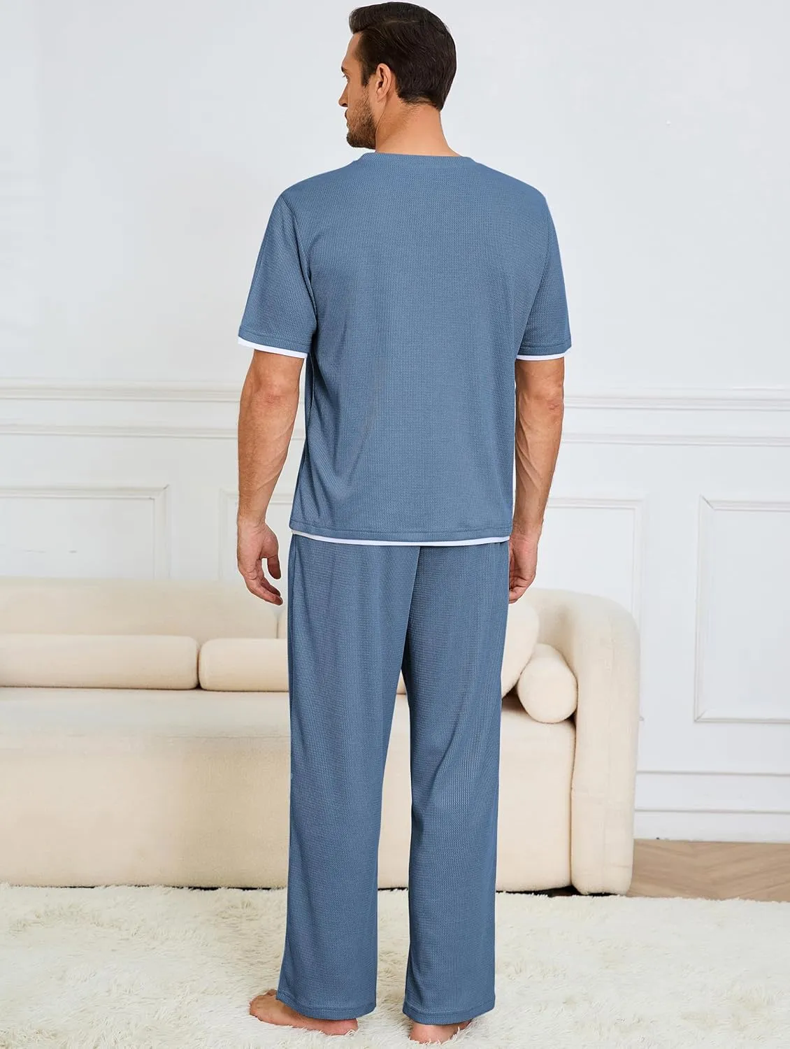 Andeip Mens Pajamas Set Waffle Crew Neck Loungewear Cozy Sleepwear Short Sleeve Top and Long Pants Pj Set with Pockets