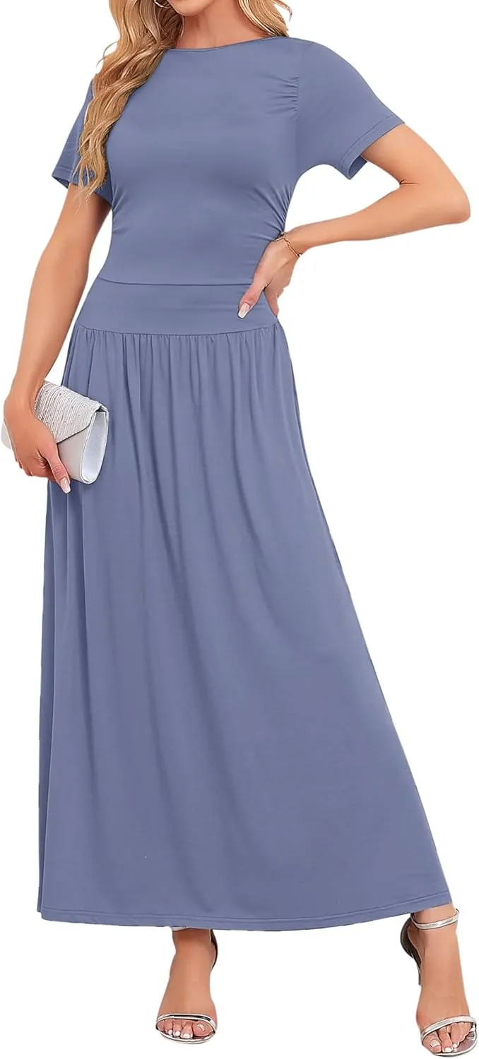 AUSELILY Women's Maxi Dress 2025 Summer Short Sleeve Crewneck Ruffled Flowy Swing Long Dresses,Casual Party or Evening Wear