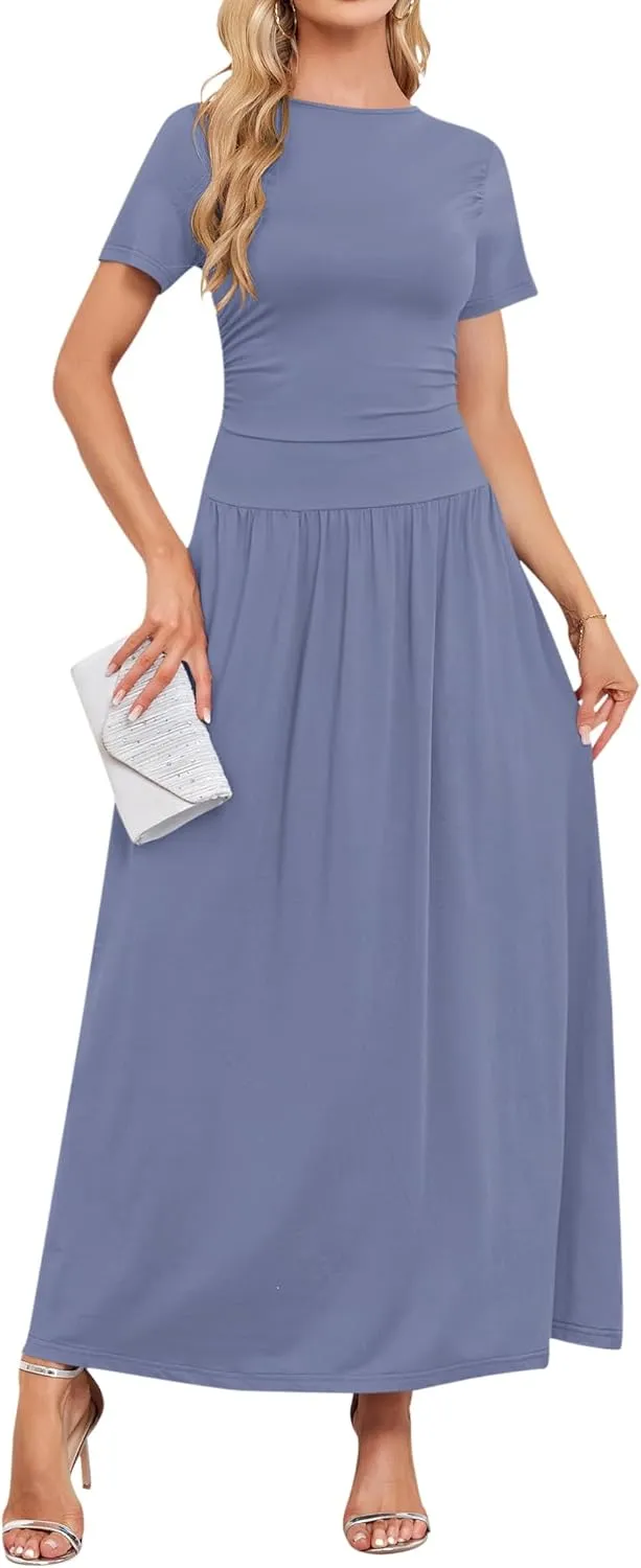 AUSELILY Women's Maxi Dress 2025 Summer Short Sleeve Crewneck Ruffled Flowy Swing Long Dresses,Casual Party or Evening Wear