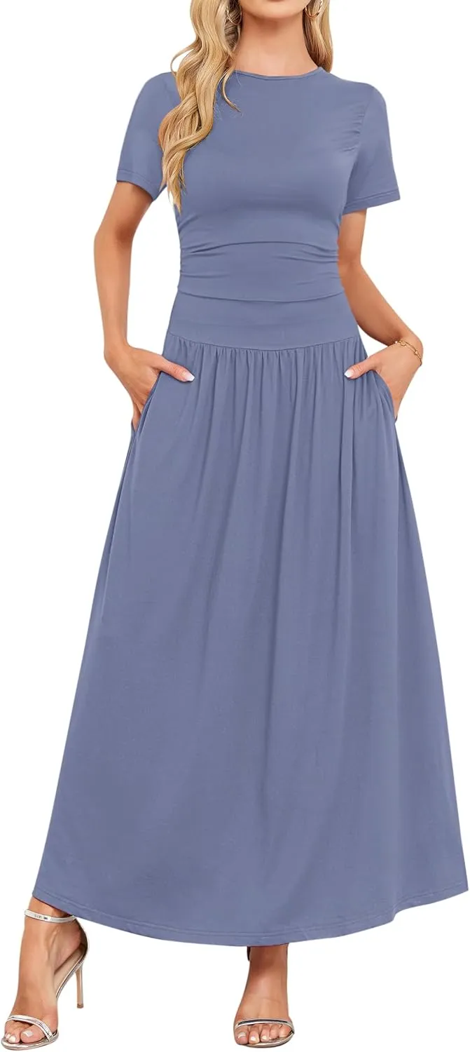 AUSELILY Women's Maxi Dress 2025 Summer Short Sleeve Crewneck Ruffled Flowy Swing Long Dresses,Casual Party or Evening Wear