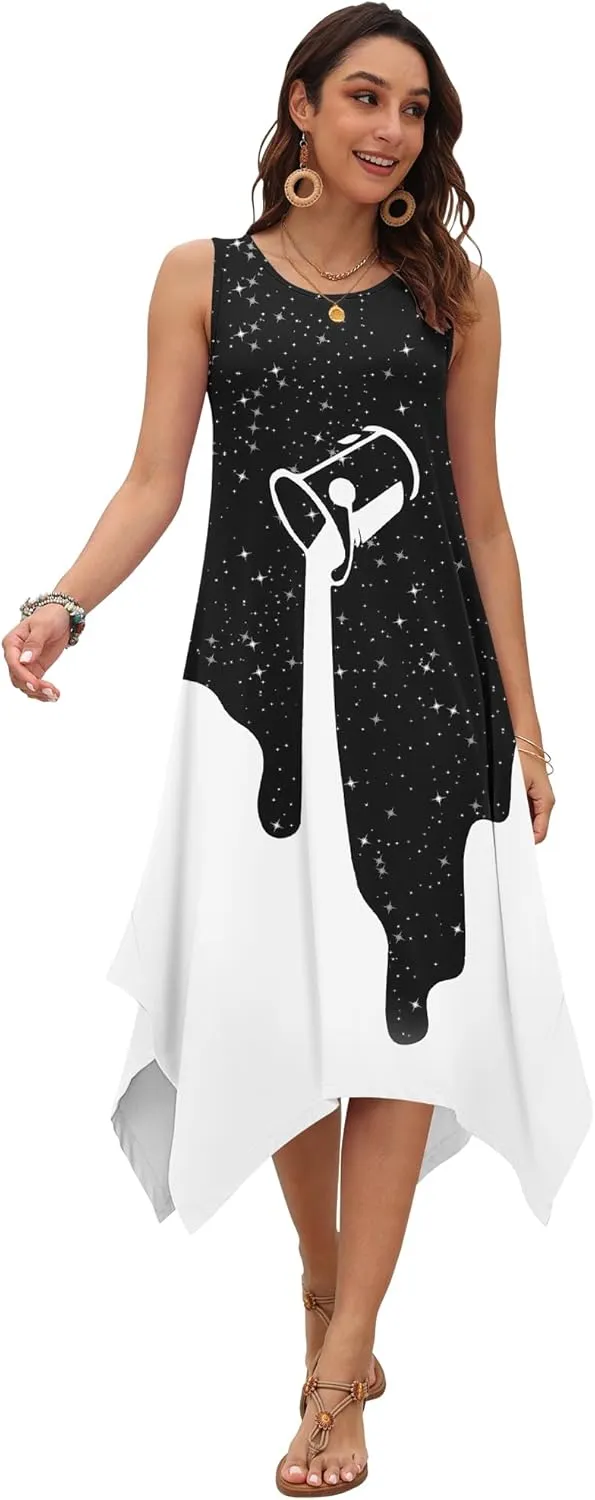 AUSELILY Women's Summer Dresses 2025 Casual Sleeveless Sundress Asymmetrical Hem Midi Tank Beach Dress with Pockets