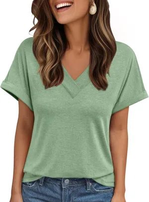 AUTOMET Womens Tops Short Sleeve T Shirt Summer V Neck Casual Top 2025 Spring Cute Basic Trendy Outfits Fashion