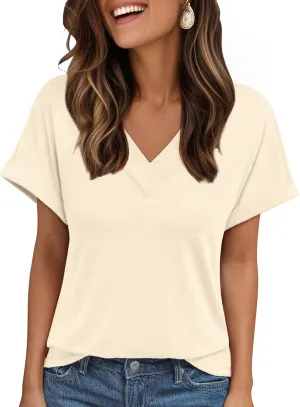 AUTOMET Womens Tops Short Sleeve T Shirt Summer V Neck Casual Top 2025 Spring Cute Basic Trendy Outfits Fashion