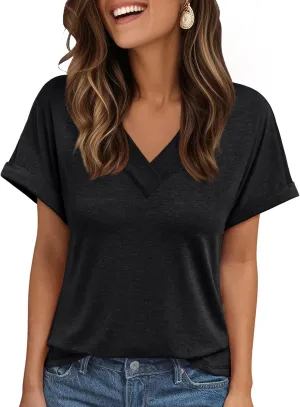 AUTOMET Womens Tops Short Sleeve T Shirt Summer V Neck Casual Top 2025 Spring Cute Basic Trendy Outfits Fashion