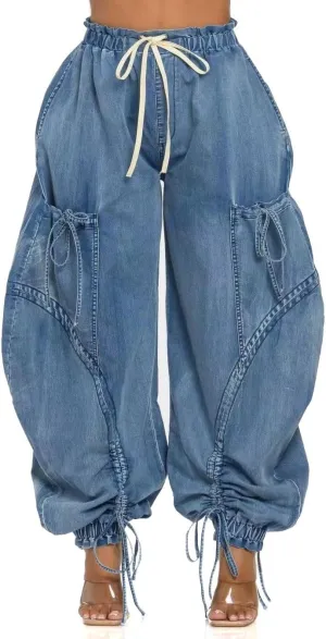 Baggy Cargo Jogger Jeans for Women Drawstring High Waist Loose Harem Wide Leg Denim Pants Boyfriend Barrel Jean
