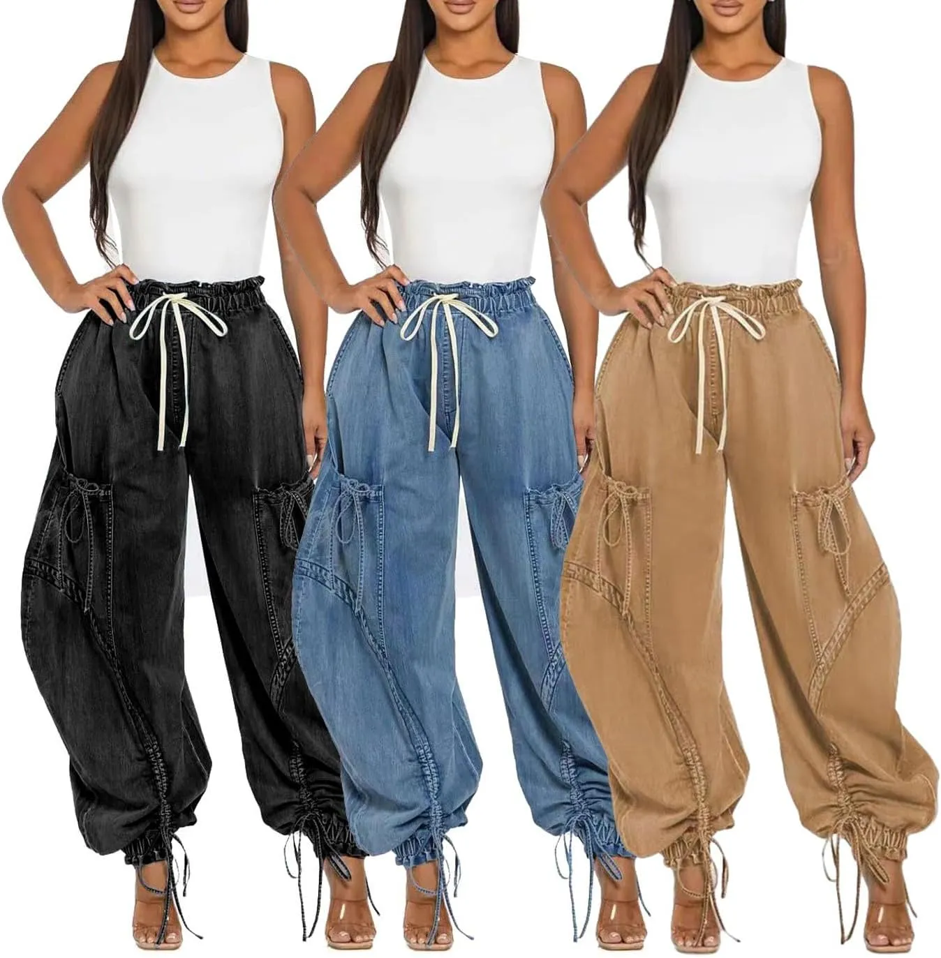 Baggy Cargo Jogger Jeans for Women Drawstring High Waist Loose Harem Wide Leg Denim Pants Boyfriend Barrel Jean