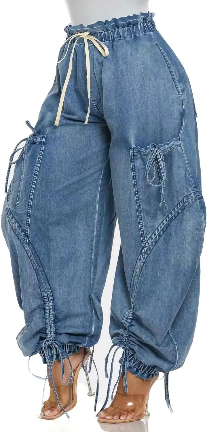 Baggy Cargo Jogger Jeans for Women Drawstring High Waist Loose Harem Wide Leg Denim Pants Boyfriend Barrel Jean