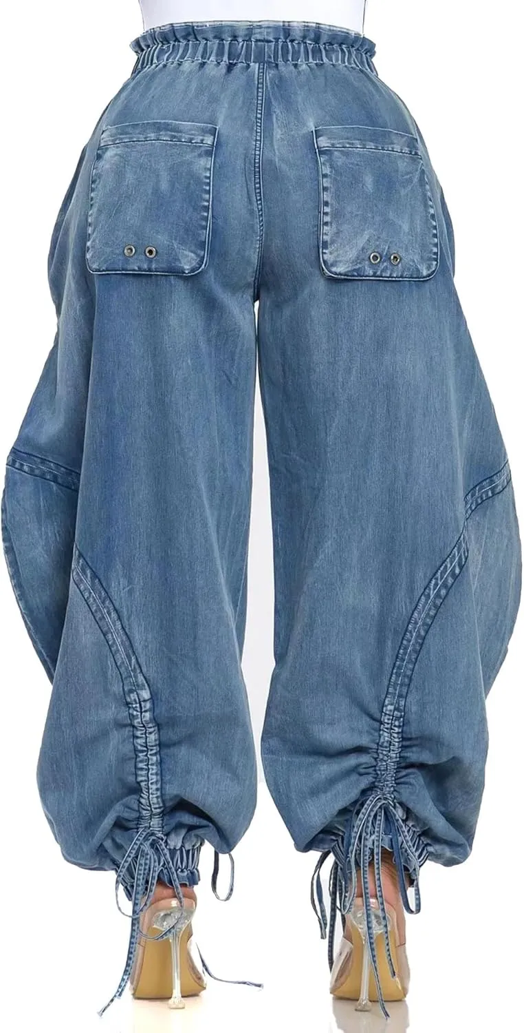 Baggy Cargo Jogger Jeans for Women Drawstring High Waist Loose Harem Wide Leg Denim Pants Boyfriend Barrel Jean