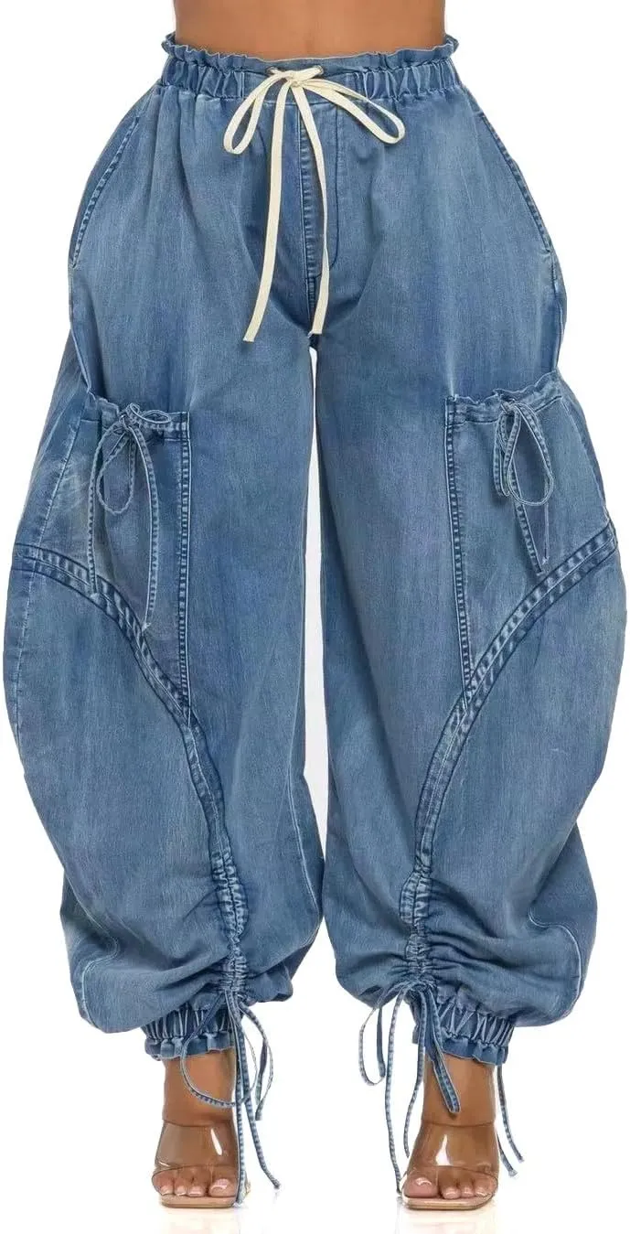 Baggy Cargo Jogger Jeans for Women Drawstring High Waist Loose Harem Wide Leg Denim Pants Boyfriend Barrel Jean