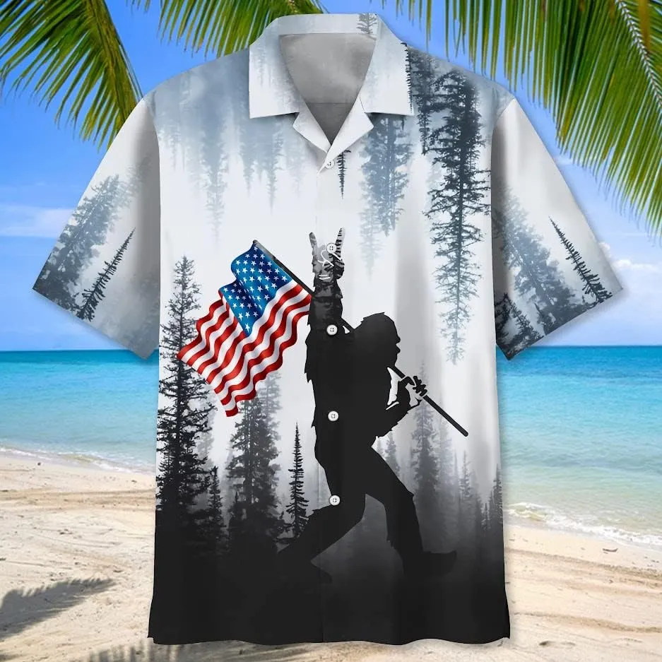 Bigfoot Hawaiian Shirts for Men Short Sleeve Aloha Beach Shirt Summer Surfing Sasquatch Casual Button Down Shirts