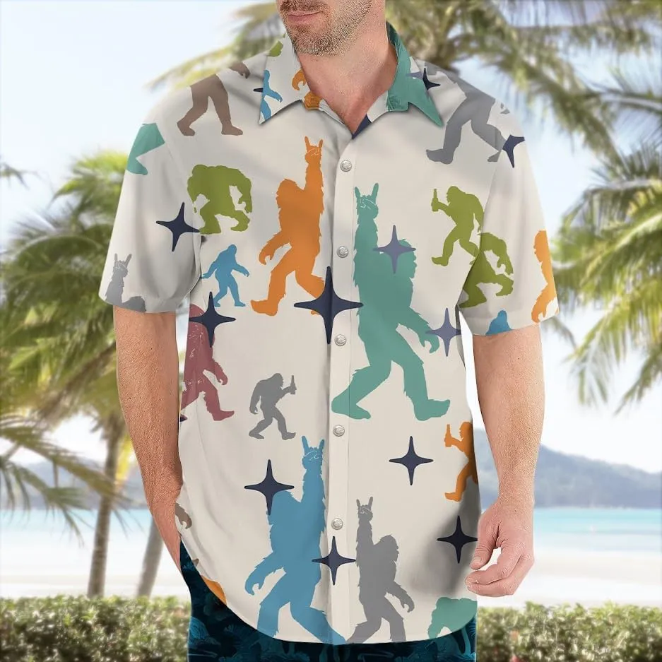 Bigfoot Hawaiian Shirts for Men Short Sleeve Aloha Beach Shirt Summer Surfing Sasquatch Casual Button Down Shirts