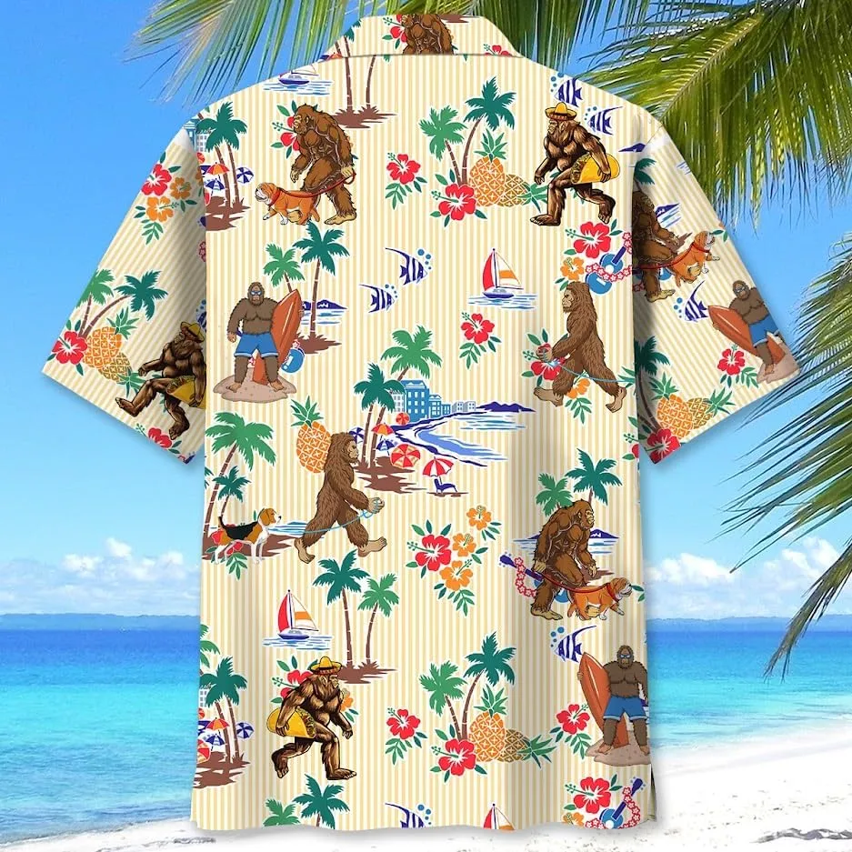 Bigfoot Hawaiian Shirts for Men Short Sleeve Aloha Beach Shirt Summer Surfing Sasquatch Casual Button Down Shirts