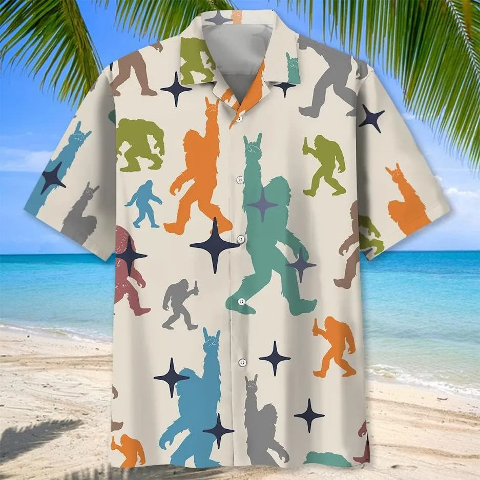 Bigfoot Hawaiian Shirts for Men Short Sleeve Aloha Beach Shirt Summer Surfing Sasquatch Casual Button Down Shirts
