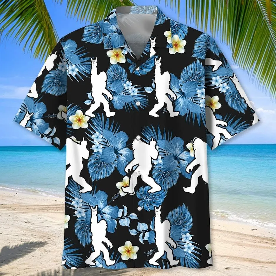 Bigfoot Hawaiian Shirts for Men Short Sleeve Aloha Beach Shirt Summer Surfing Sasquatch Casual Button Down Shirts
