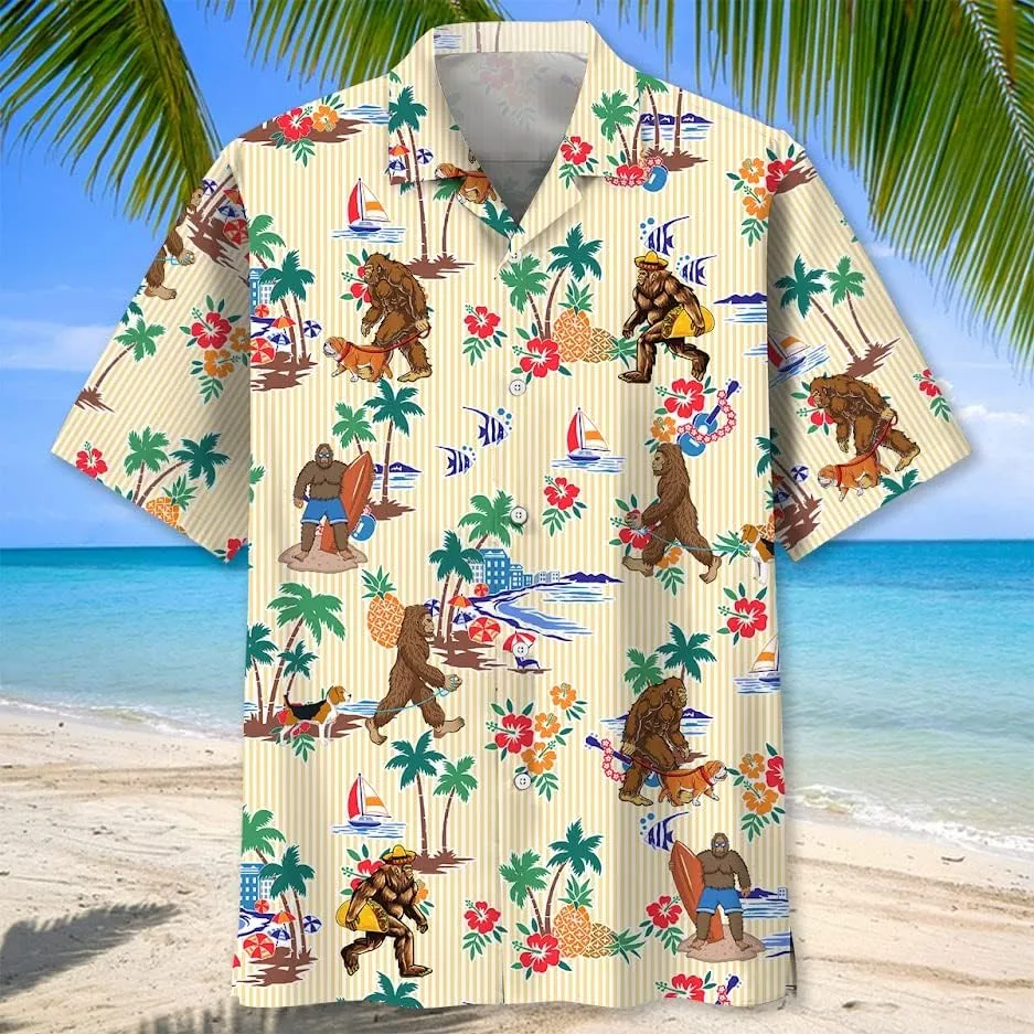 Bigfoot Hawaiian Shirts for Men Short Sleeve Aloha Beach Shirt Summer Surfing Sasquatch Casual Button Down Shirts