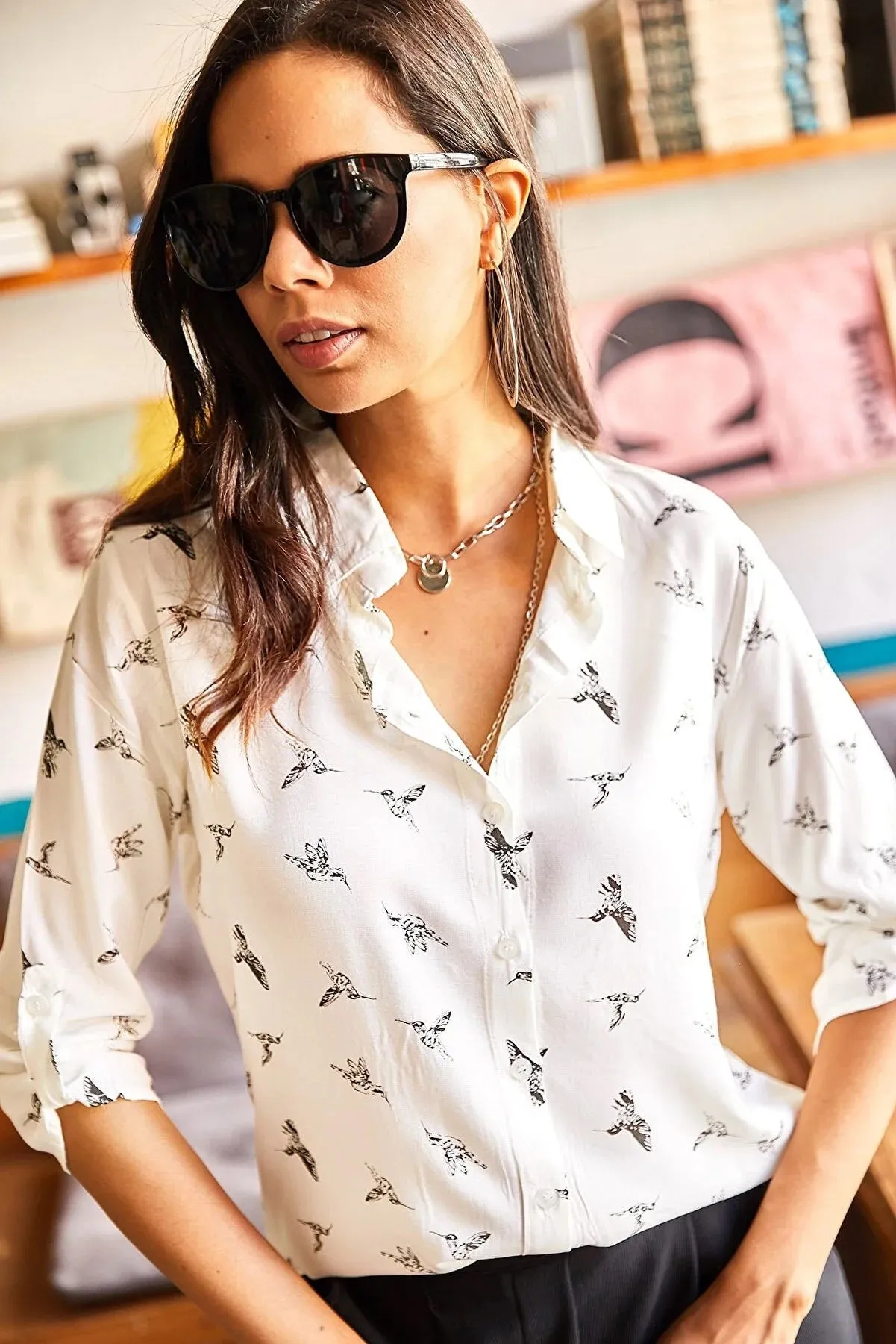 Bird Print Button Down White Blouse